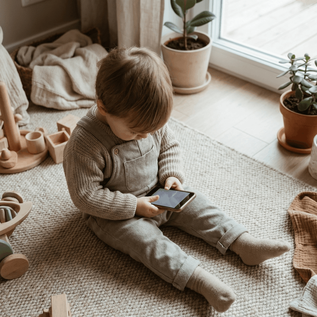 Toddler holding a phone in warm indoor light