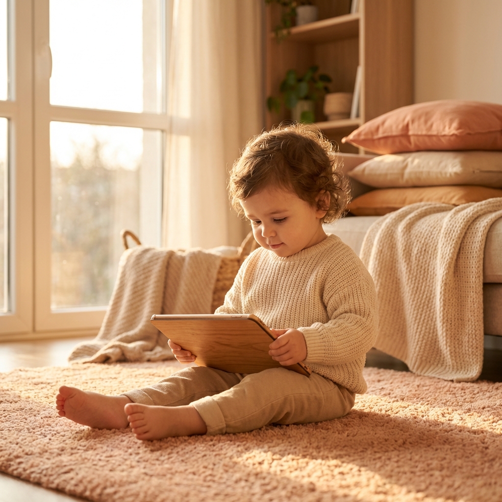 Toddler using a tablet in warm light