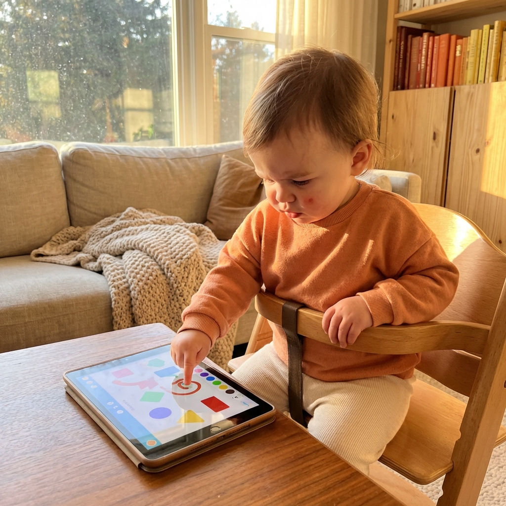 Toddler interacting with a tablet beside an adult