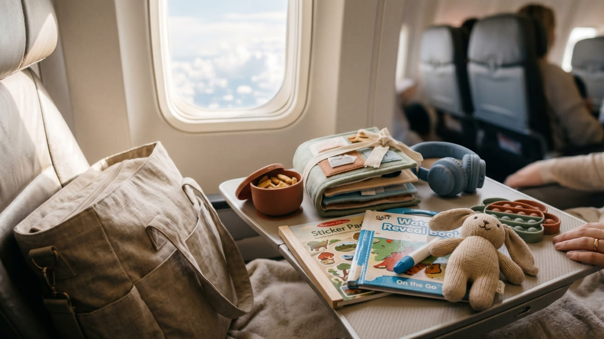 Toddler calmly playing with quiet travel toys on an airplane seat