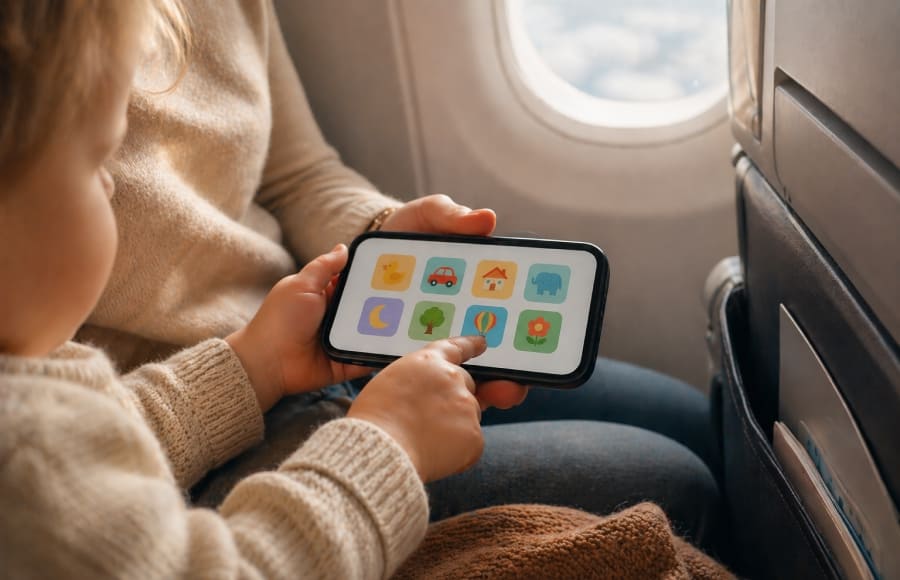 Toddler hands tapping a safely locked phone during airplane travel