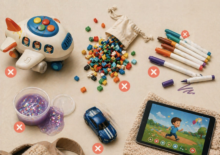 Toddler flight packing mistakes including noisy toys, tiny pieces, markers, and an unlocked tablet